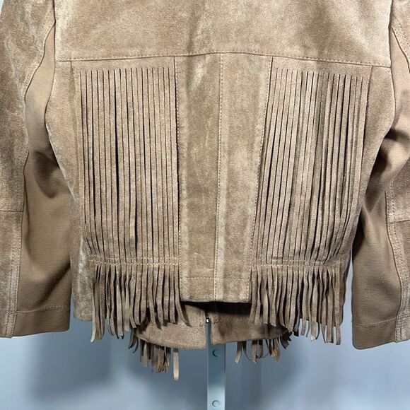 BCBGMAXAZRIA Women’s Reiss Stretch Woven Microsuede Fringe Jacket Tan Size XS - Picture 11 of 16
